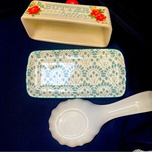 The Pioneer Woman Floral Butter Dish - Red, Yellow, Blue and Spoon Caddy.